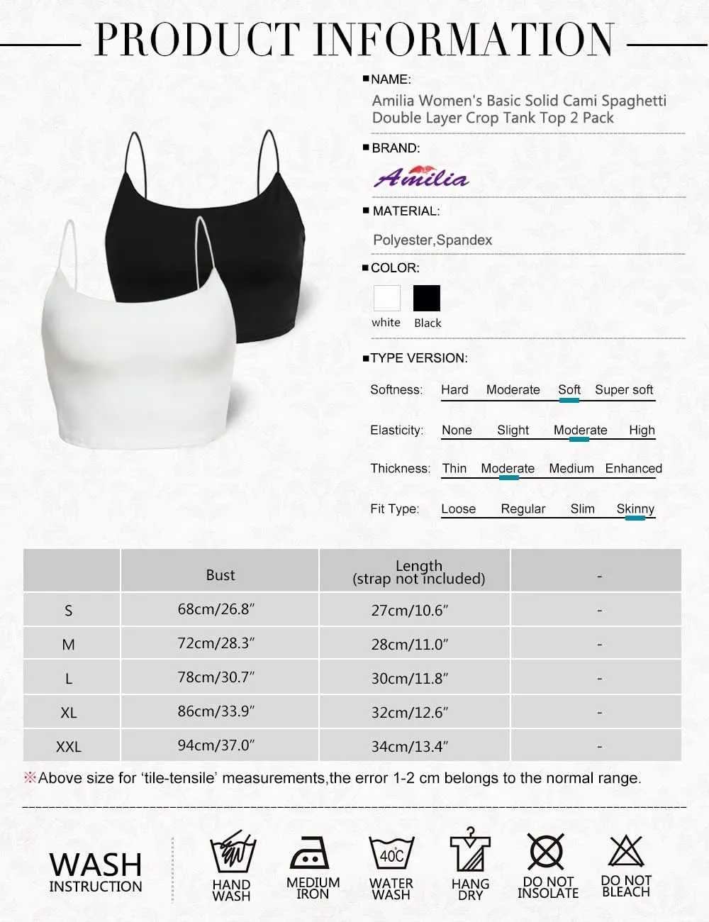 Amilia Women's Basic Solid Cami Spaghetti Double Layer Crop Tank Top