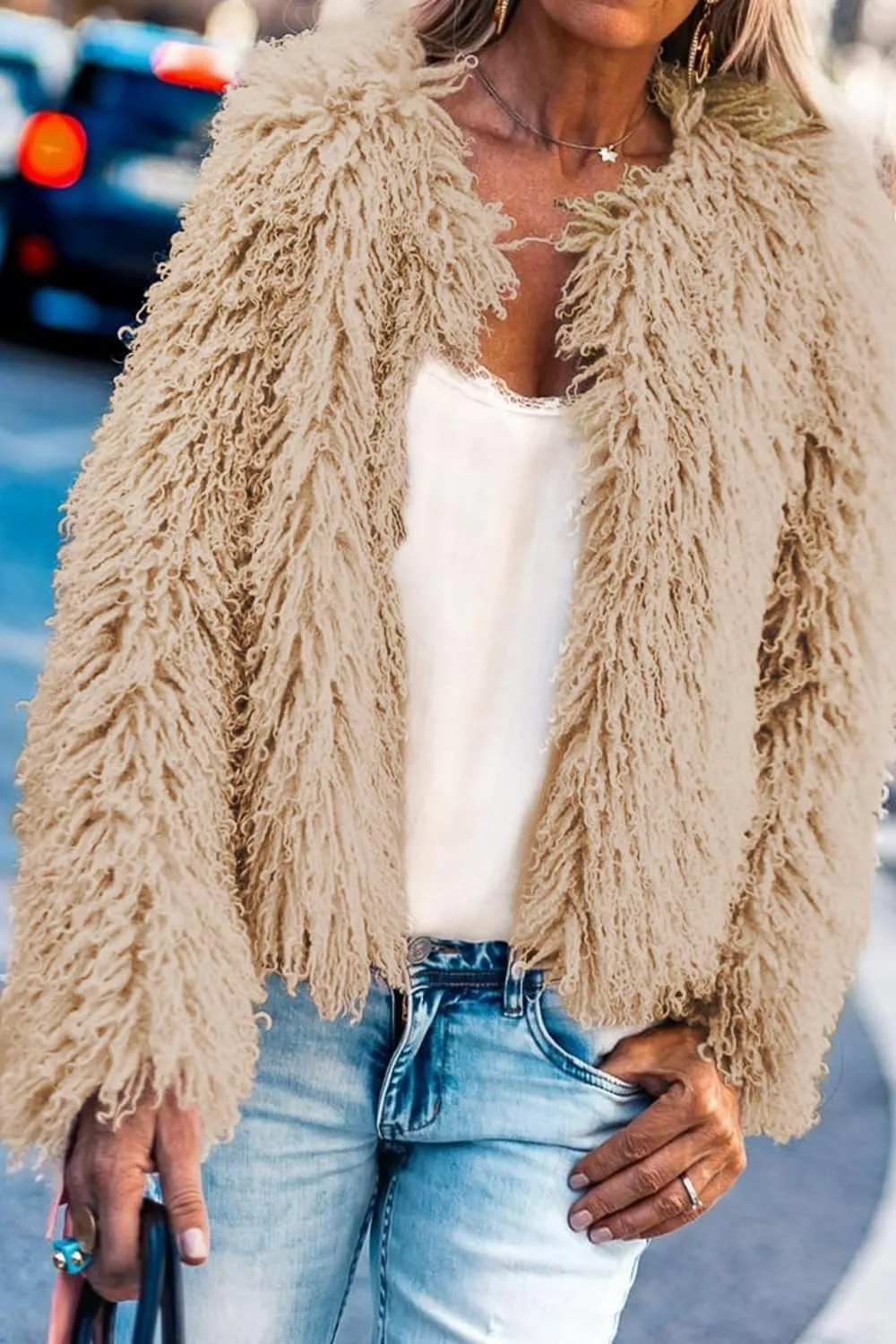 Aoang Women's 2025 Winter Coats Fleece Cropped Jacket Faux Fur Long Sleeve Shaggy Warm Outerwear Fall Clothes