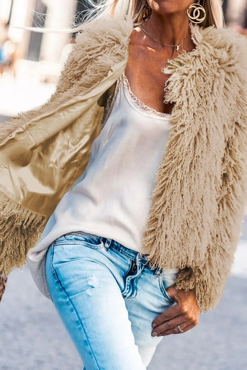 Aoang Women's 2025 Winter Coats Fleece Cropped Jacket Faux Fur Long Sleeve Shaggy Warm Outerwear Fall Clothes