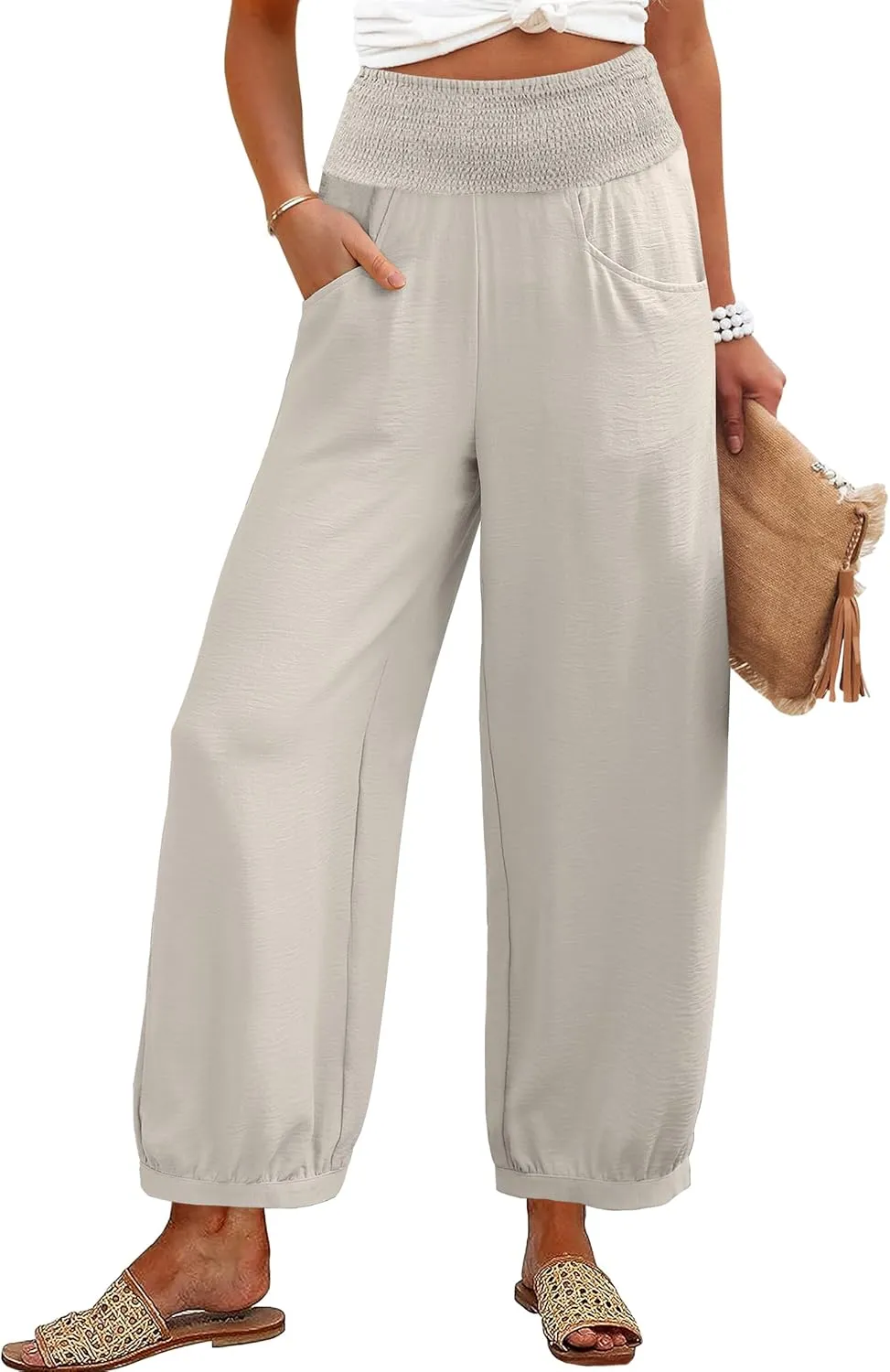 Caracilia Women Wide Leg Palazzo Pants 2025 Summer Casual High Waist Flowy Loose Boho Beach Vacation Lantern Pants