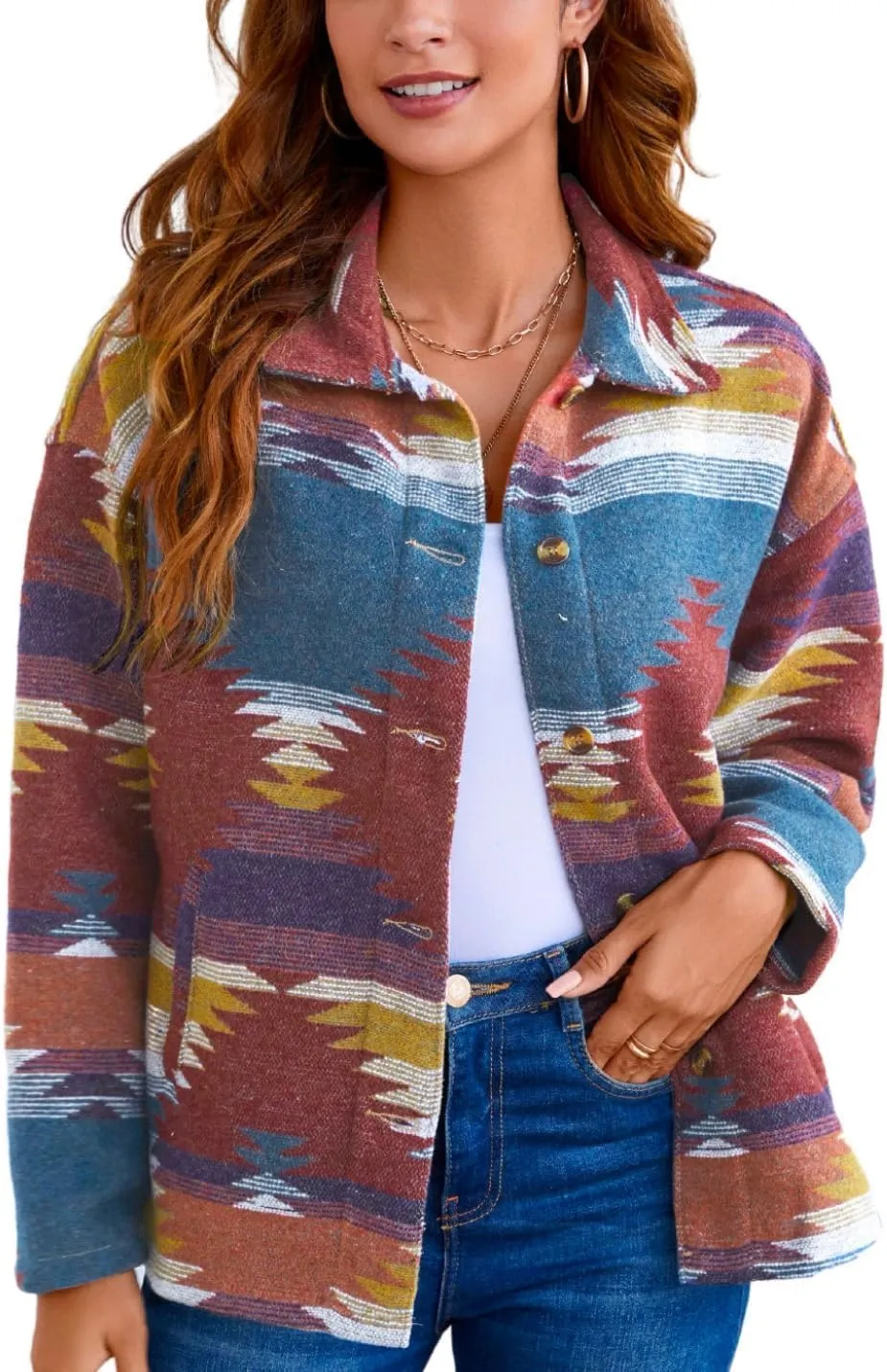 Chevara Womens Vintage Ethnic Aztec Jacket Long Sleeve Button Up Woolen Shacket Western Jackets