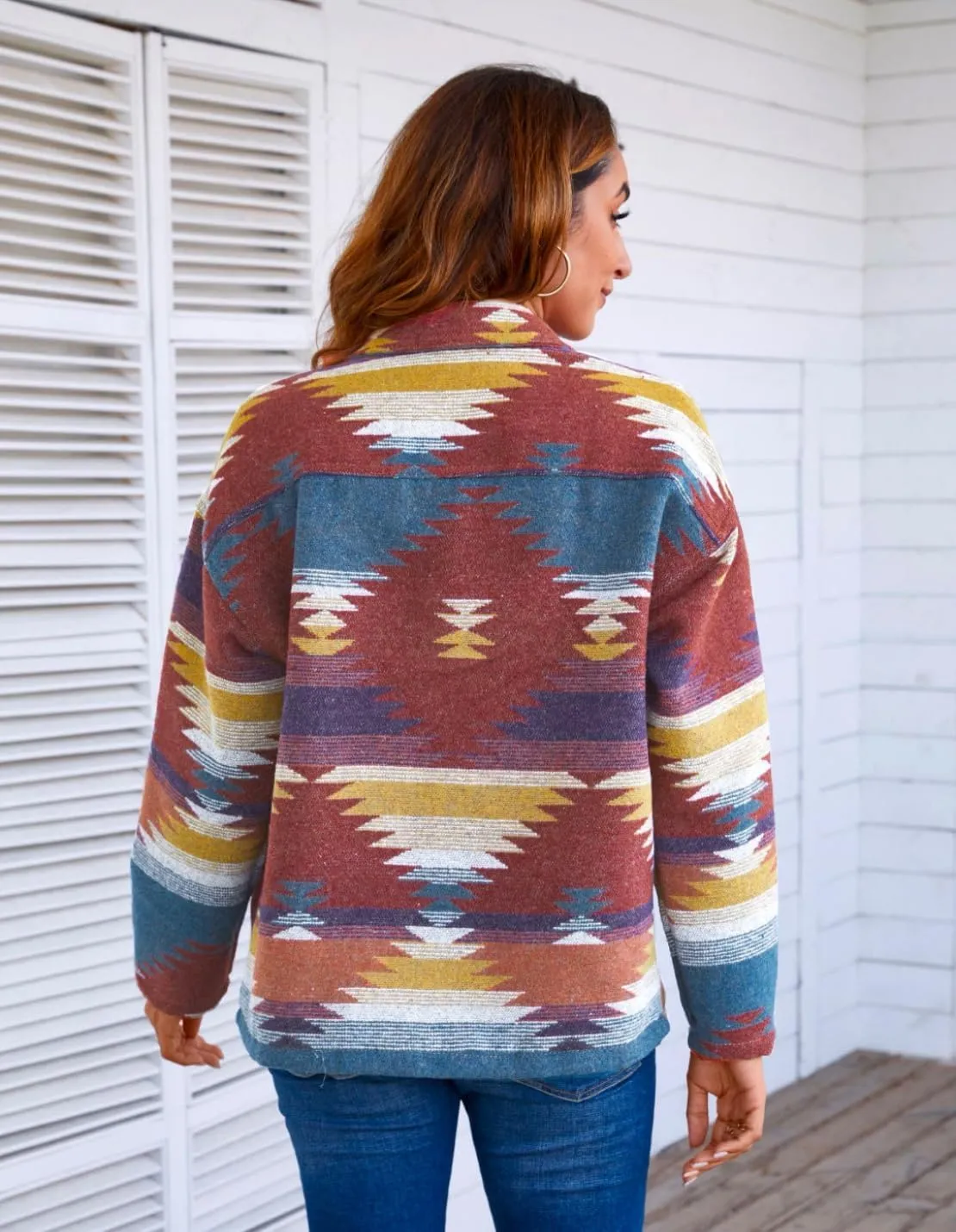 Chevara Womens Vintage Ethnic Aztec Jacket Long Sleeve Button Up Woolen Shacket Western Jackets