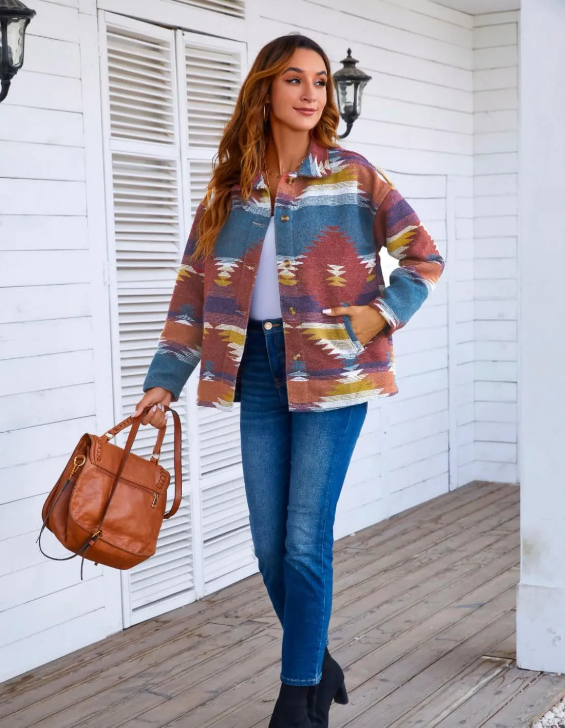 Chevara Womens Vintage Ethnic Aztec Jacket Long Sleeve Button Up Woolen Shacket Western Jackets