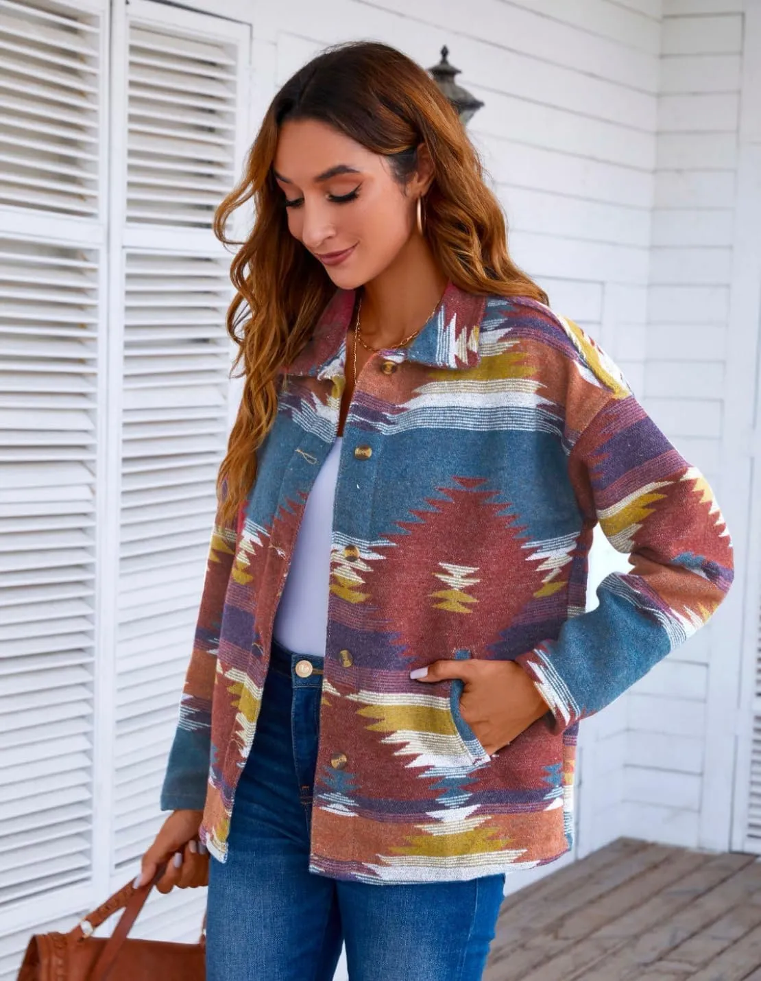 Chevara Womens Vintage Ethnic Aztec Jacket Long Sleeve Button Up Woolen Shacket Western Jackets