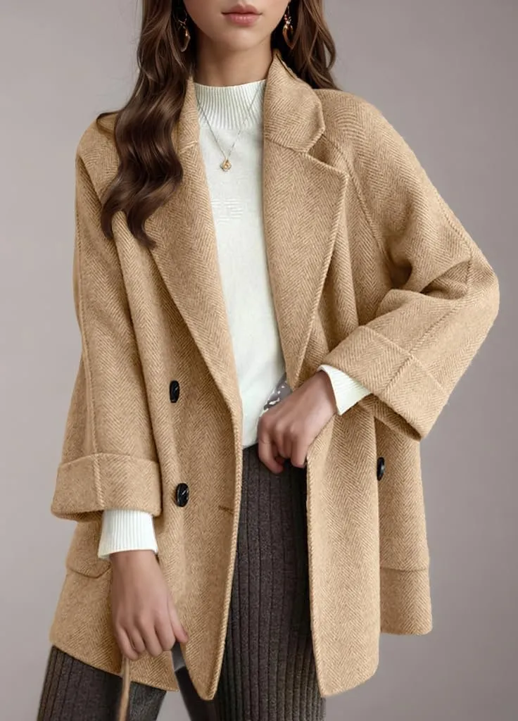 chouyatou Women's Casual Notch Lapel Double Breasted Warm Shacket Jacket Wool Coat