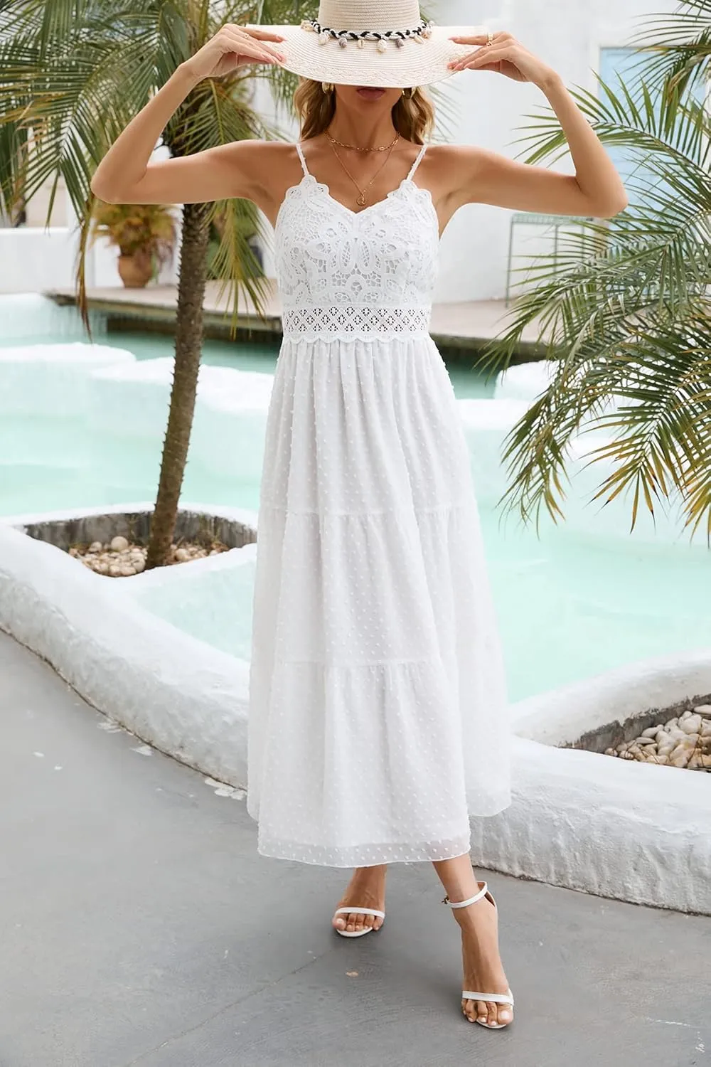 Dokuritu Women's Beach Crochet Lace Maxi Dress Solid Color Summer Vacation Spaghetti Strap Long Dress 2024