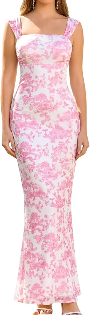 EYNMIN Women's Summer Floral Maxi Dress Square Neck Sleeveless Mesh Bodycon Long Wedding Guest Dresses