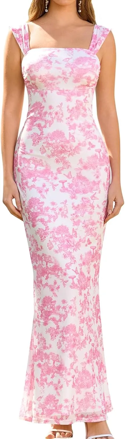 EYNMIN Women's Summer Floral Maxi Dress Square Neck Sleeveless Mesh Bodycon Long Wedding Guest Dresses
