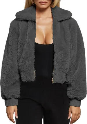 FANCYINN Womens Teddy Cropped Faux Fur Jacket Furry Lapel Coat Zip Up with Pockets Warm Winter