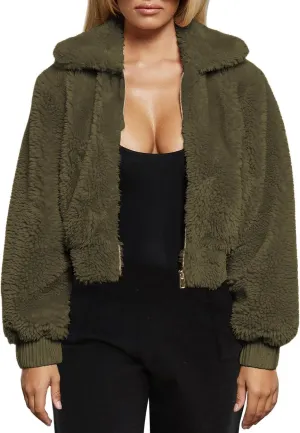 FANCYINN Womens Teddy Cropped Faux Fur Jacket Furry Lapel Coat Zip Up with Pockets Warm Winter