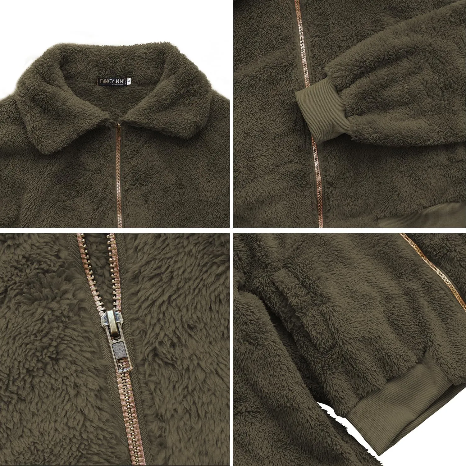 FANCYINN Womens Teddy Cropped Faux Fur Jacket Furry Lapel Coat Zip Up with Pockets Warm Winter