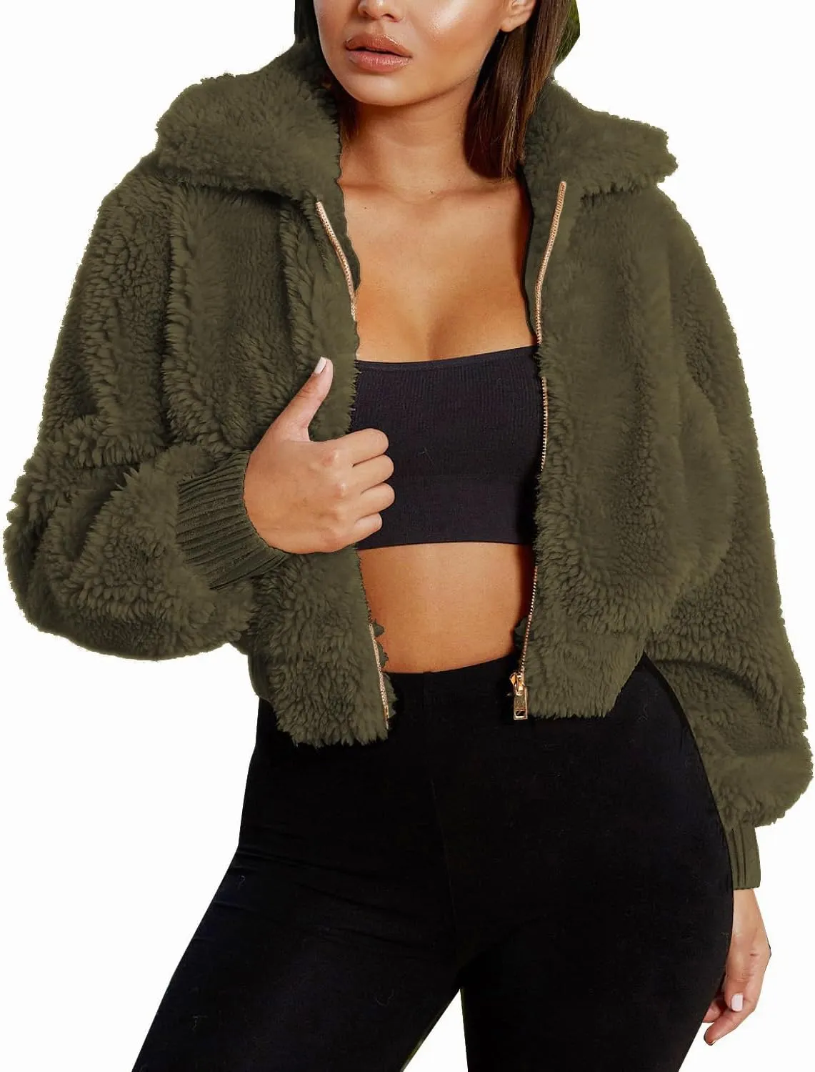FANCYINN Womens Teddy Cropped Faux Fur Jacket Furry Lapel Coat Zip Up with Pockets Warm Winter