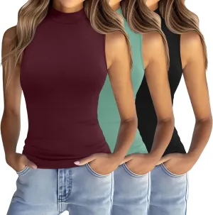 Ficerd 3 Pack Womens Sleeveless Tank Tops, Mock Neck Cotton Summer Shirts Slim Fit Stretch Tops Basic Lightweight Knit Tee