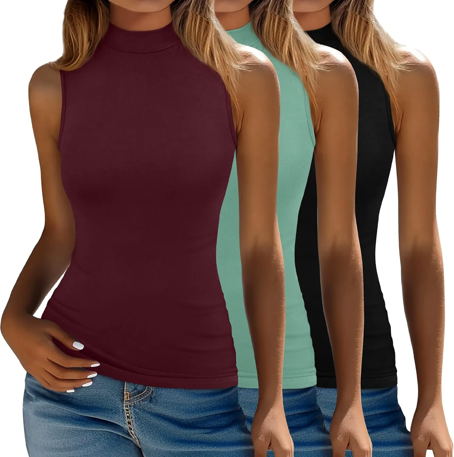 Ficerd 3 Pack Womens Sleeveless Tank Tops, Mock Neck Cotton Summer Shirts Slim Fit Stretch Tops Basic Lightweight Knit Tee