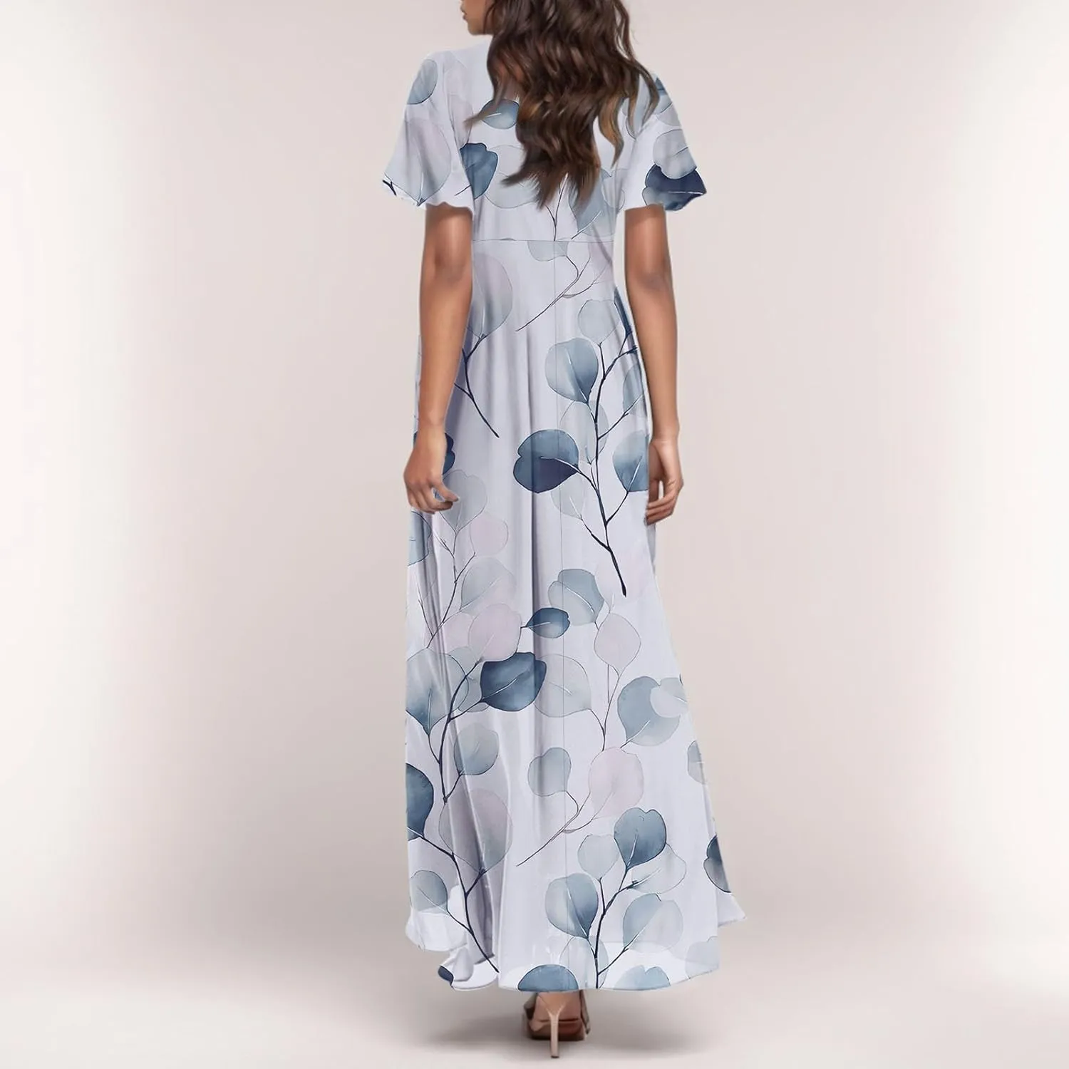 Floral Maxi Dresses for Women 2025 Summer Modest Flutter Sleeve Long Flowy Dresses V Neck Chiffon Garden Party Dress