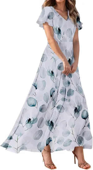Floral Maxi Dresses for Women 2025 Summer Modest Flutter Sleeve Long Flowy Dresses V Neck Chiffon Garden Party Dress