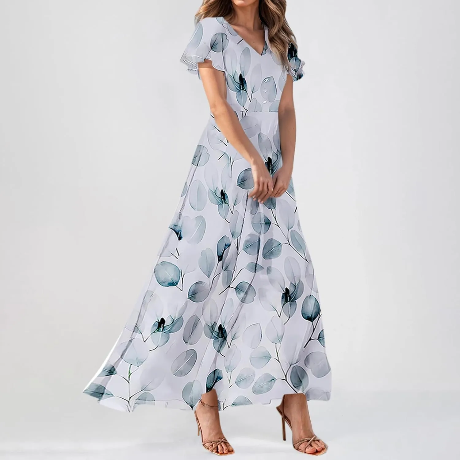 Floral Maxi Dresses for Women 2025 Summer Modest Flutter Sleeve Long Flowy Dresses V Neck Chiffon Garden Party Dress