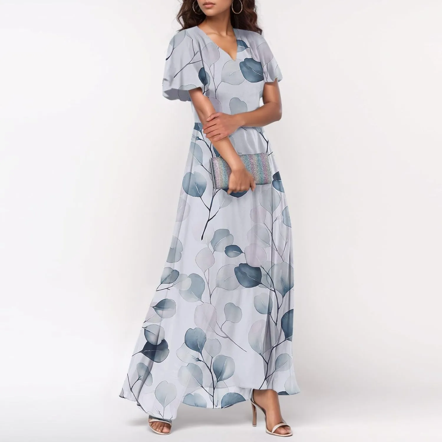 Floral Maxi Dresses for Women 2025 Summer Modest Flutter Sleeve Long Flowy Dresses V Neck Chiffon Garden Party Dress