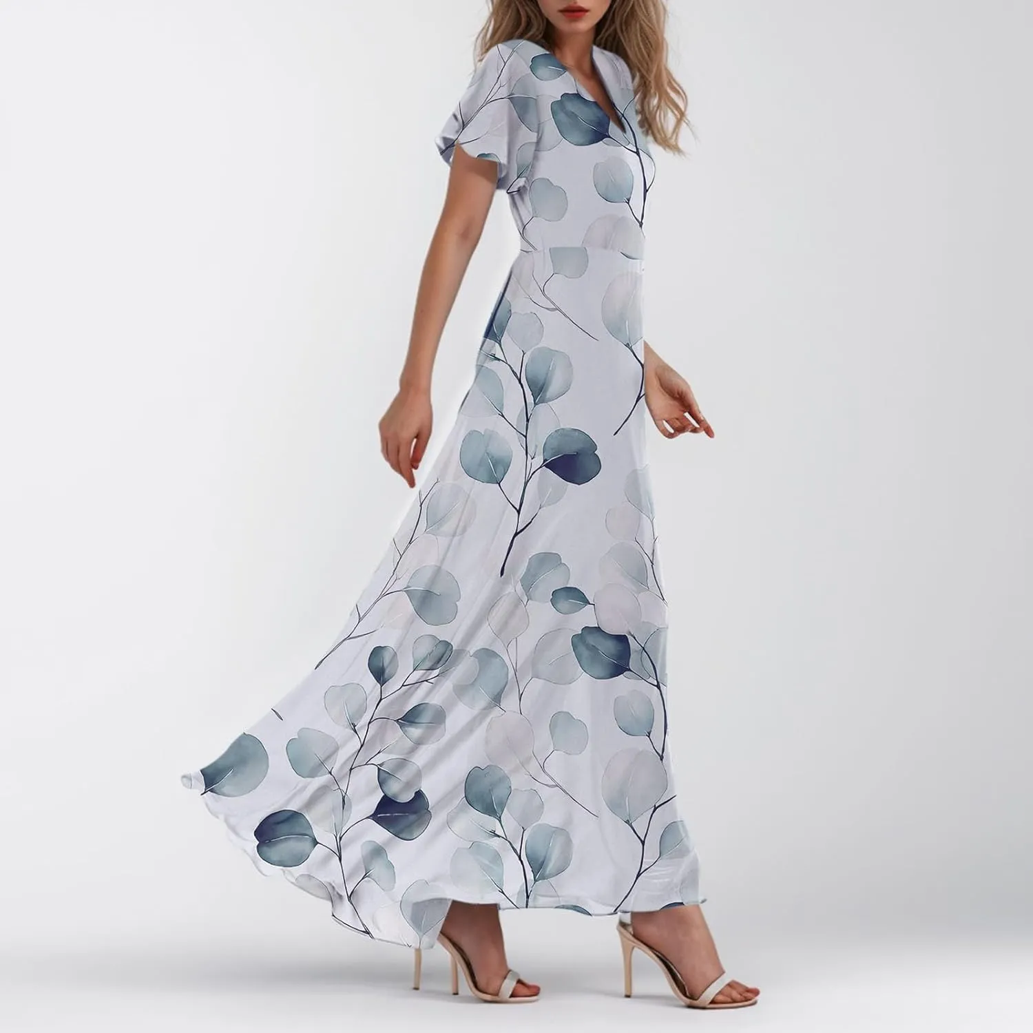 Floral Maxi Dresses for Women 2025 Summer Modest Flutter Sleeve Long Flowy Dresses V Neck Chiffon Garden Party Dress