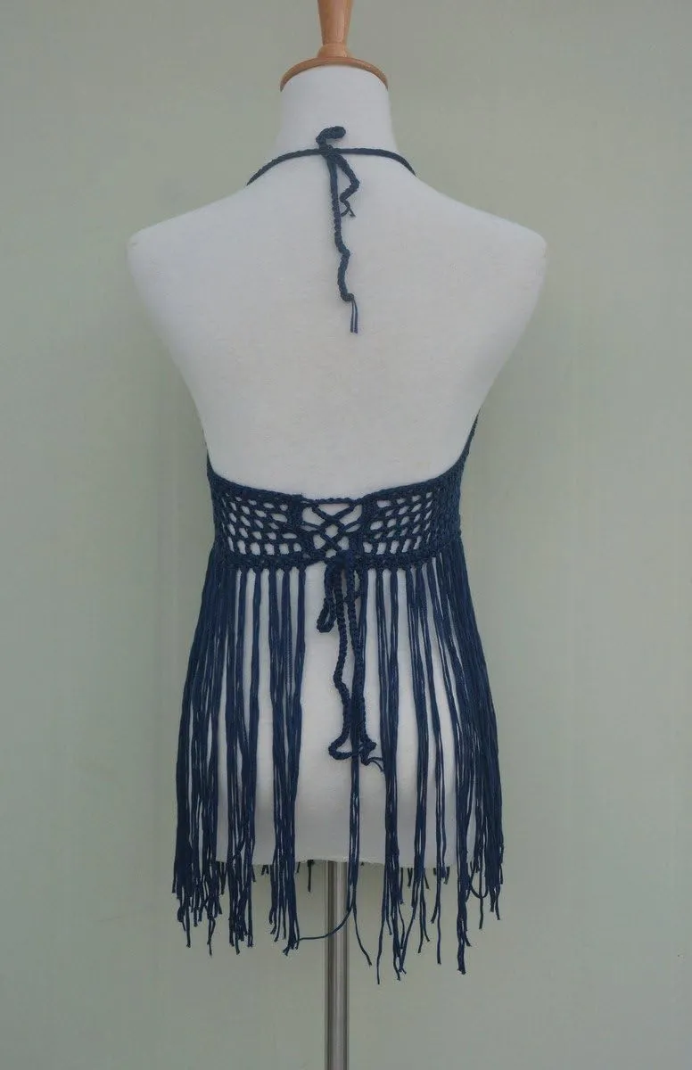 Fringe Bikini Halter Crop Top Handmade Crochet Swimsuit Summer Beachwear