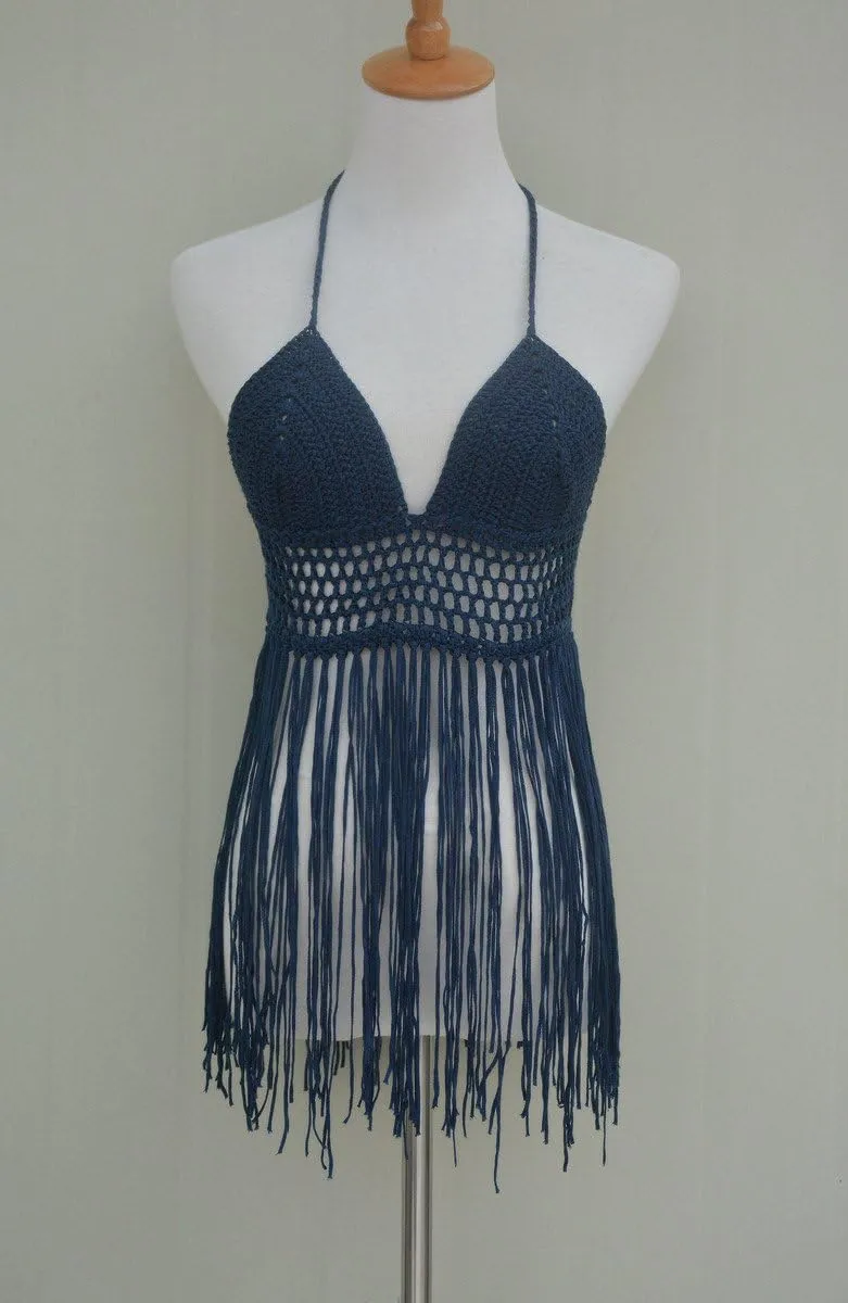 Fringe Bikini Halter Crop Top Handmade Crochet Swimsuit Summer Beachwear