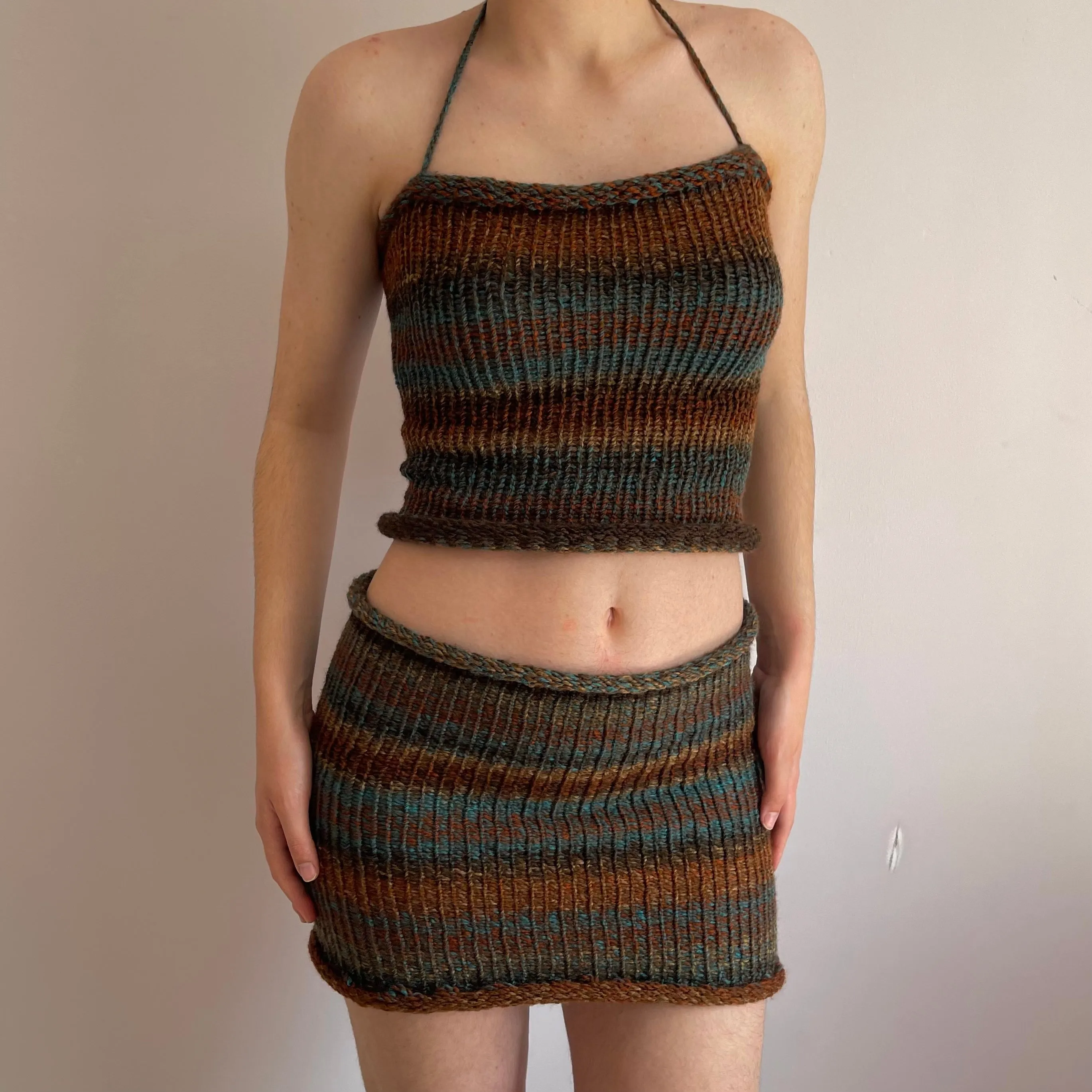 Handmade knitted mini skirt in brown and blue