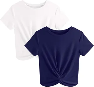 JINKESI Women's 2 Pack T-Shirts Summer Crop Tops Causal Crew Neck Short Sleeve Twist Front Tee T-Shirt