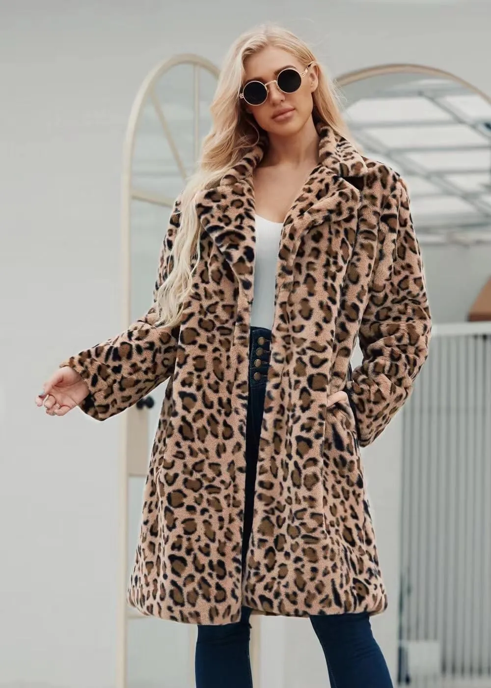 Long leopard suit collar faux fur coat women's casual coat autumn and winter new.
