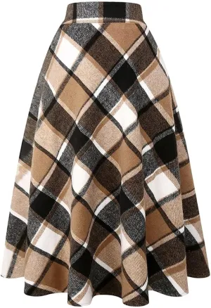 Long Plaid Wool Skirt for Womens Winter Fall Warm High Elastic Waist A line Flared Pleated Wool Tartan Skirts