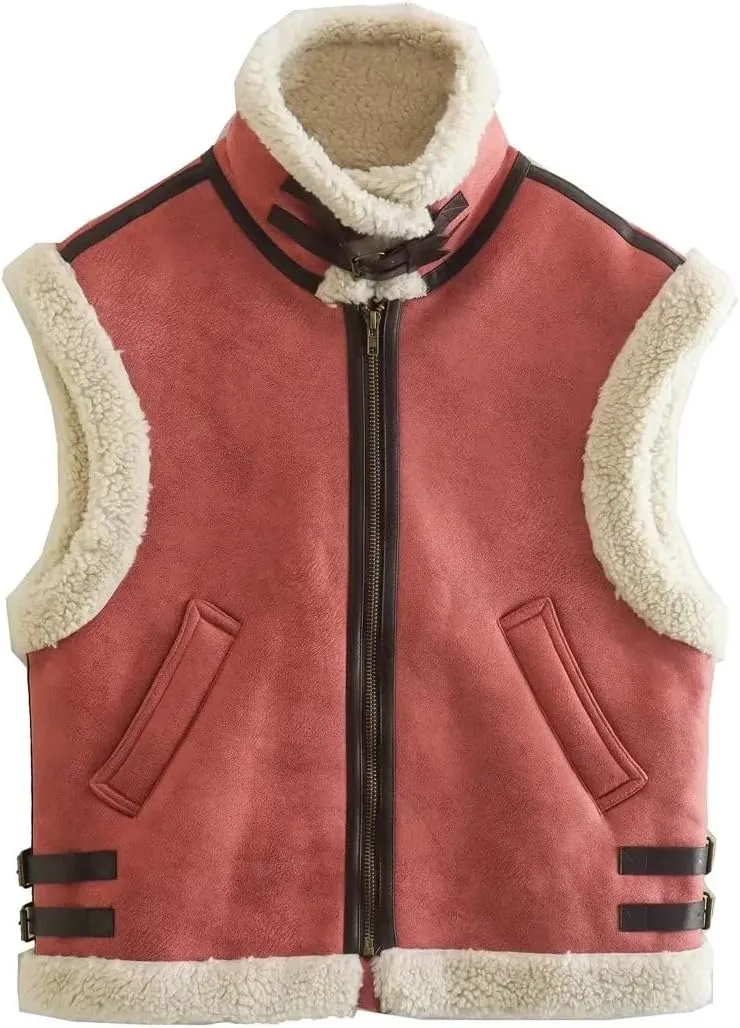 loveimgs Women's Winter Warm Suede Sherpa Leather Vest Jacket Zip Up Sleeveless Lambwool Fur Coat with Pockets