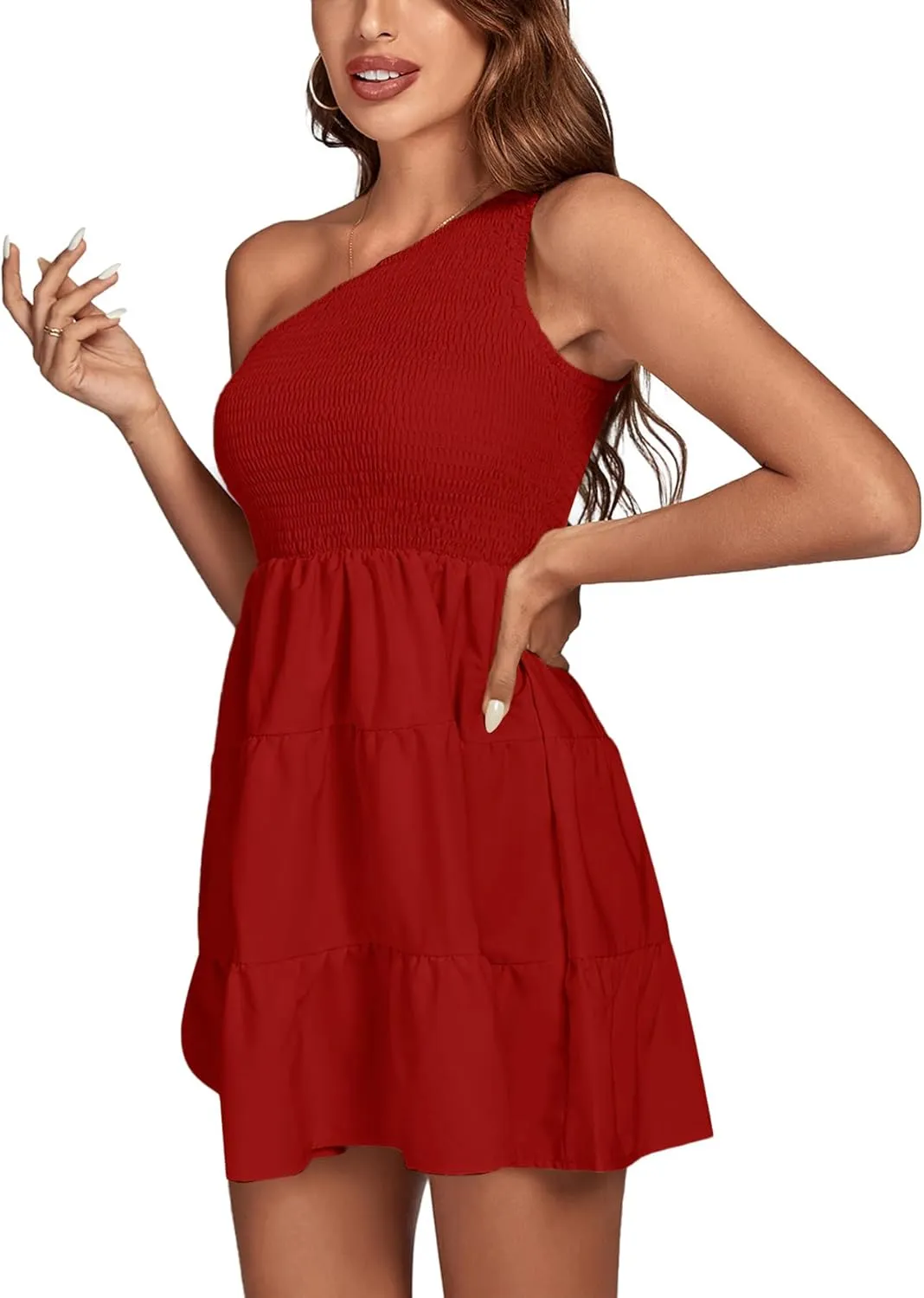 LYANER Women's One Shoulder Smocked Shirred Tiered Ruffle Sleeveless A-Line Mini Dress