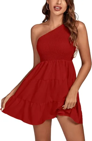 LYANER Women's One Shoulder Smocked Shirred Tiered Ruffle Sleeveless A-Line Mini Dress