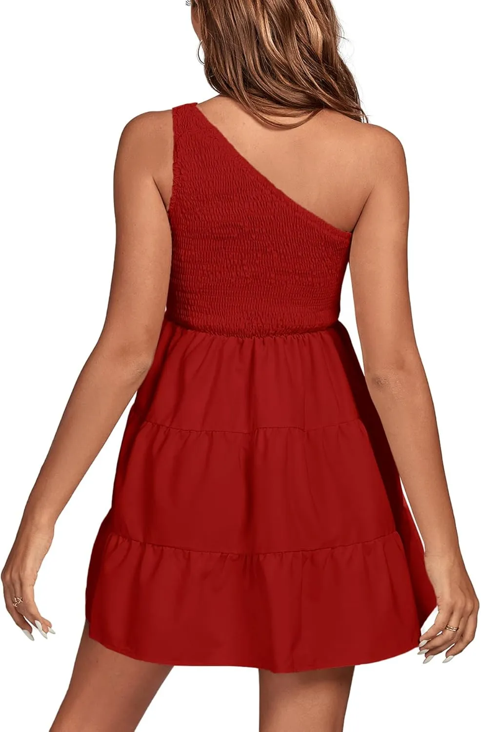 LYANER Women's One Shoulder Smocked Shirred Tiered Ruffle Sleeveless A-Line Mini Dress