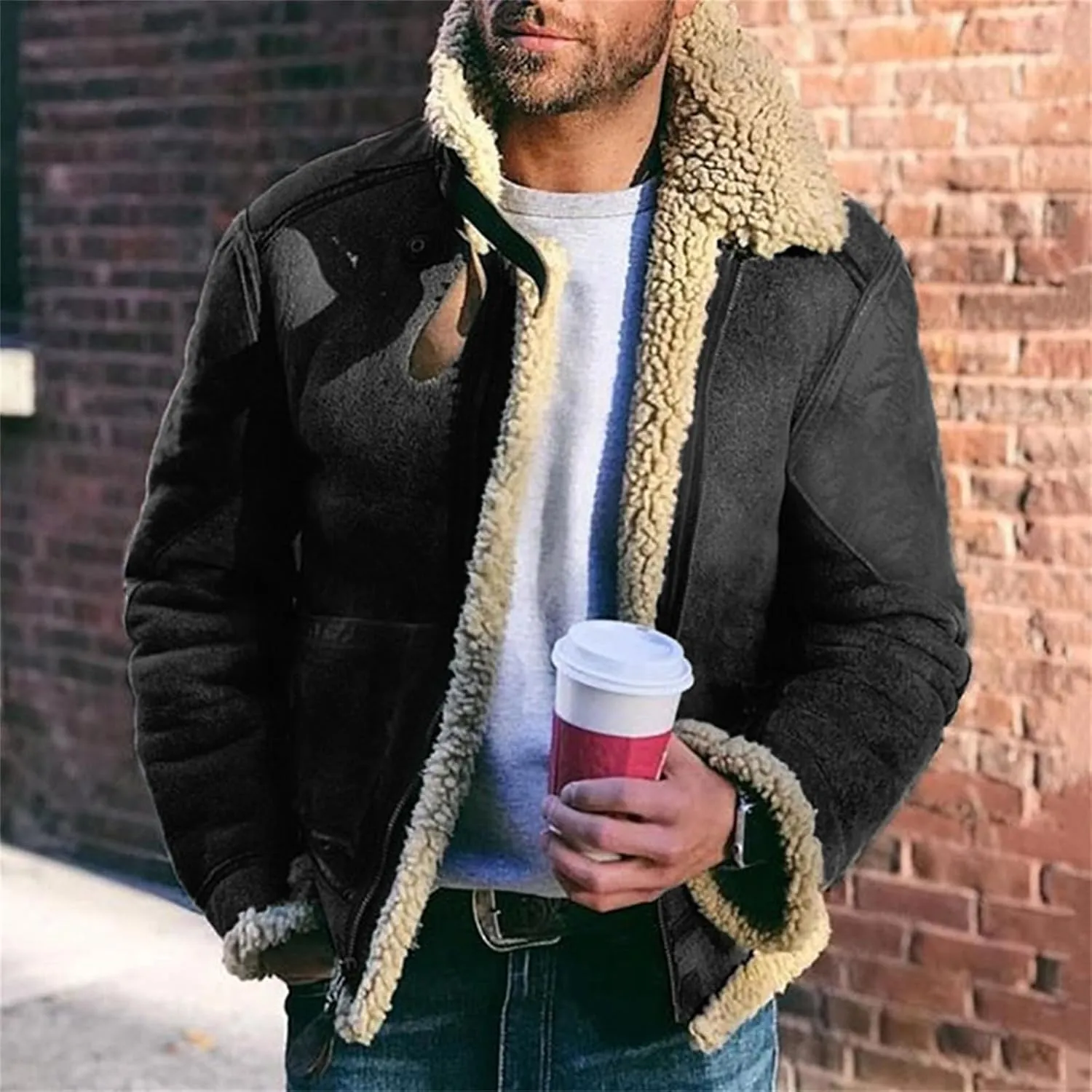 Men's Aviator Bomber Jacket Faux Fur Suede Sherpa Lined Jackets Fur Collar Lapel Casual Coat with Pockets