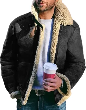 Men's Aviator Bomber Jacket Faux Fur Suede Sherpa Lined Jackets Fur Collar Lapel Casual Coat with Pockets