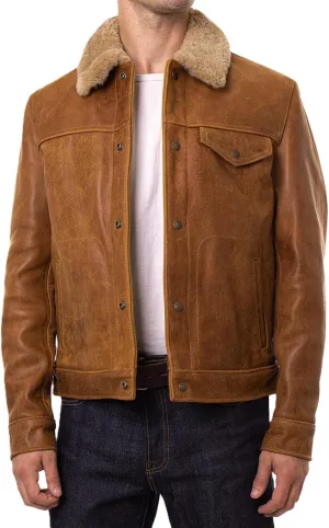 Men's Brown Bomber Jacket - Jason O'mara Genuine Leather Fur Collar Winter Jacket