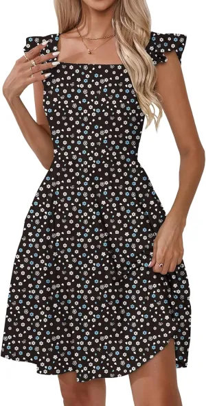 Naggoo Women's Summer Dresses Casual Square Neck Floral Sundress with Pockets A Line Flowy Beach Dress