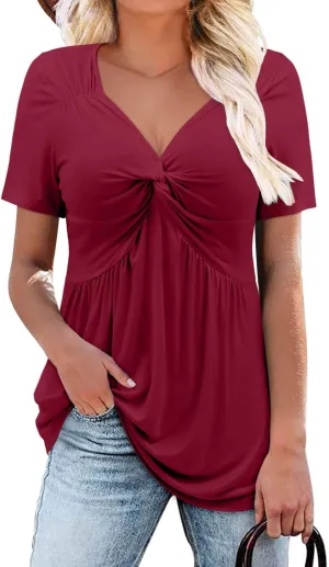ONLYSHE Womens V Neck Shirts Short Sleeve Tops Front Knotted T Shirt Casual Solid&Floral Tunic Summer Henley Tees Blouse