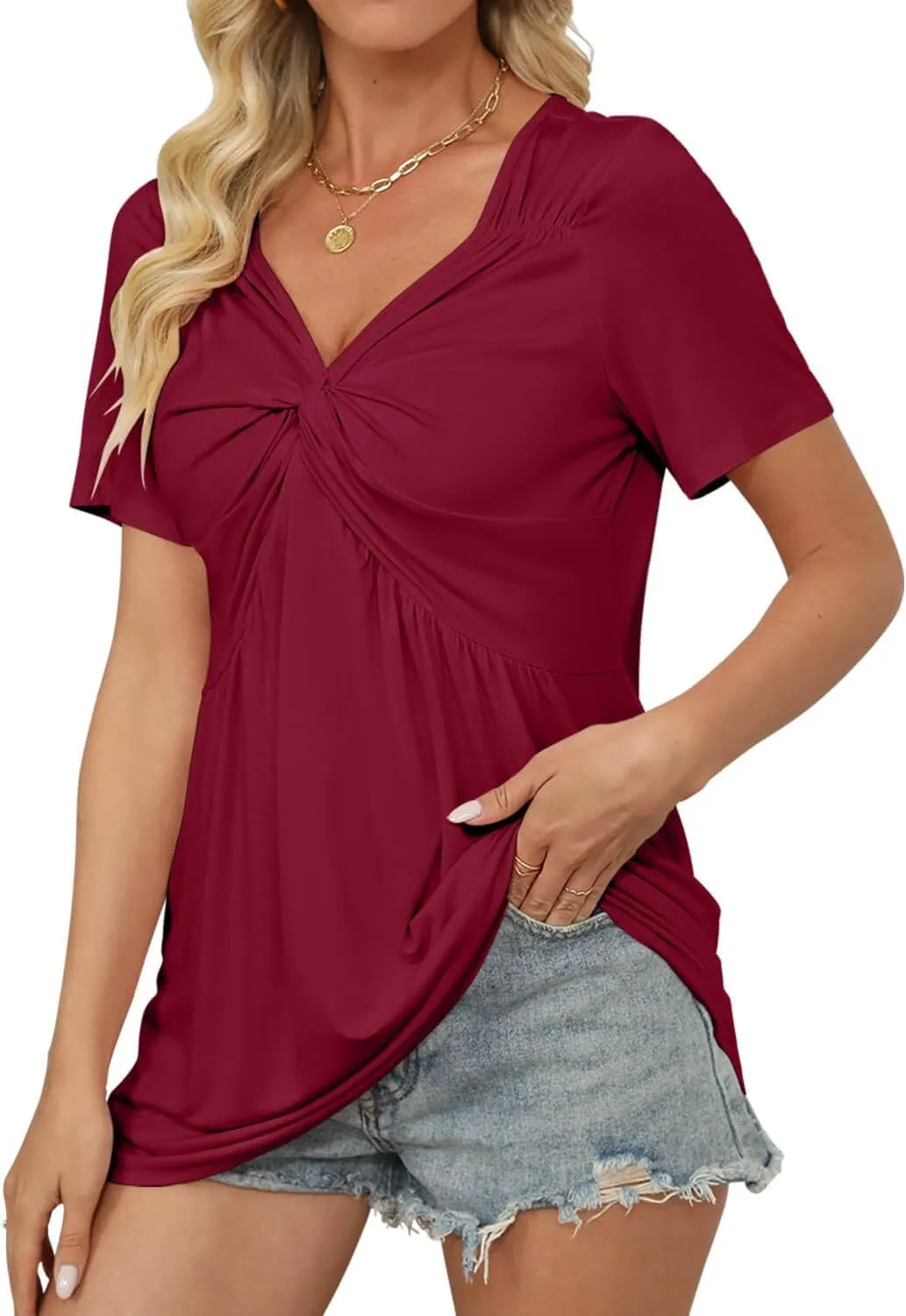 ONLYSHE Womens V Neck Shirts Short Sleeve Tops Front Knotted T Shirt Casual Solid&Floral Tunic Summer Henley Tees Blouse