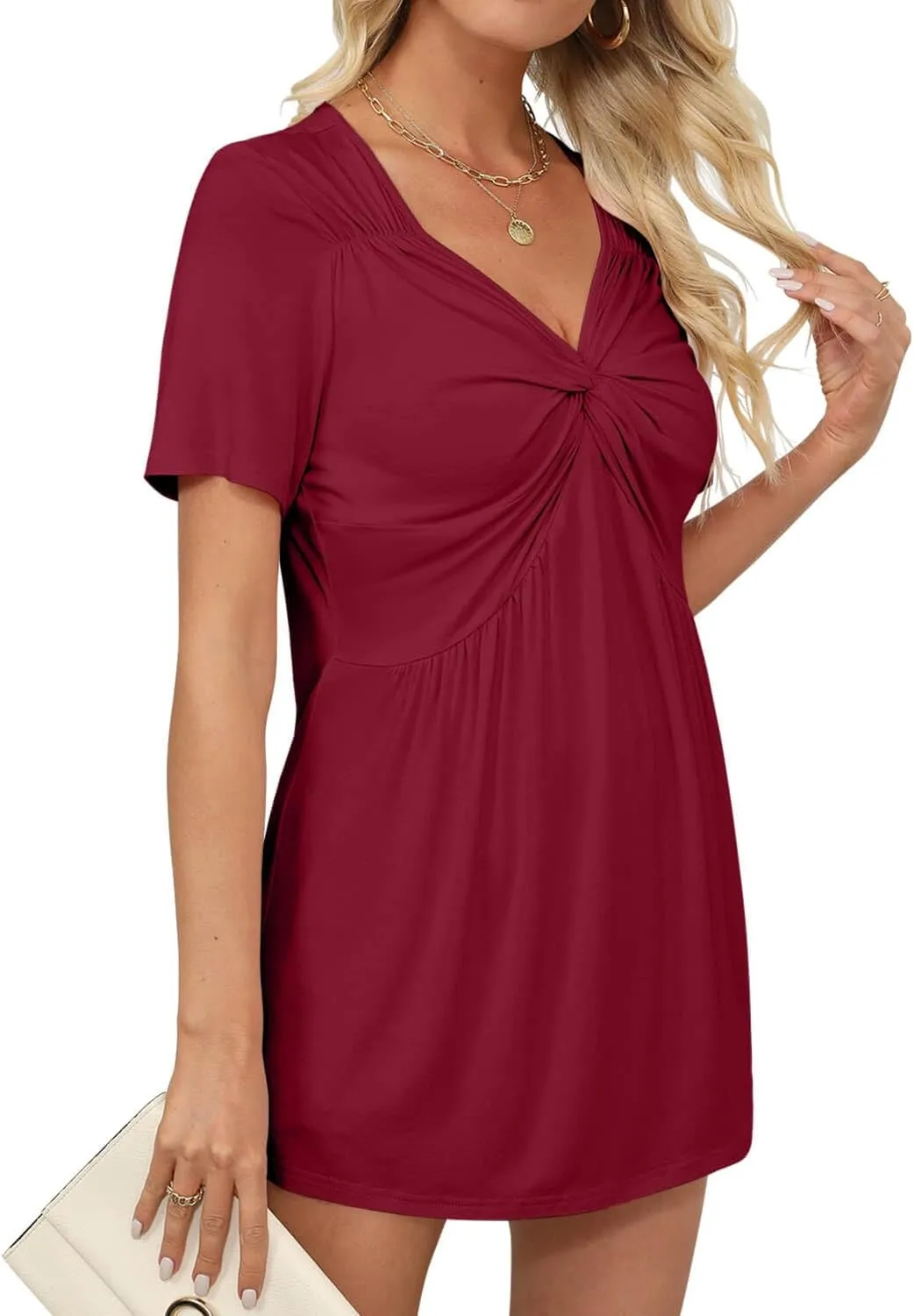ONLYSHE Womens V Neck Shirts Short Sleeve Tops Front Knotted T Shirt Casual Solid&Floral Tunic Summer Henley Tees Blouse