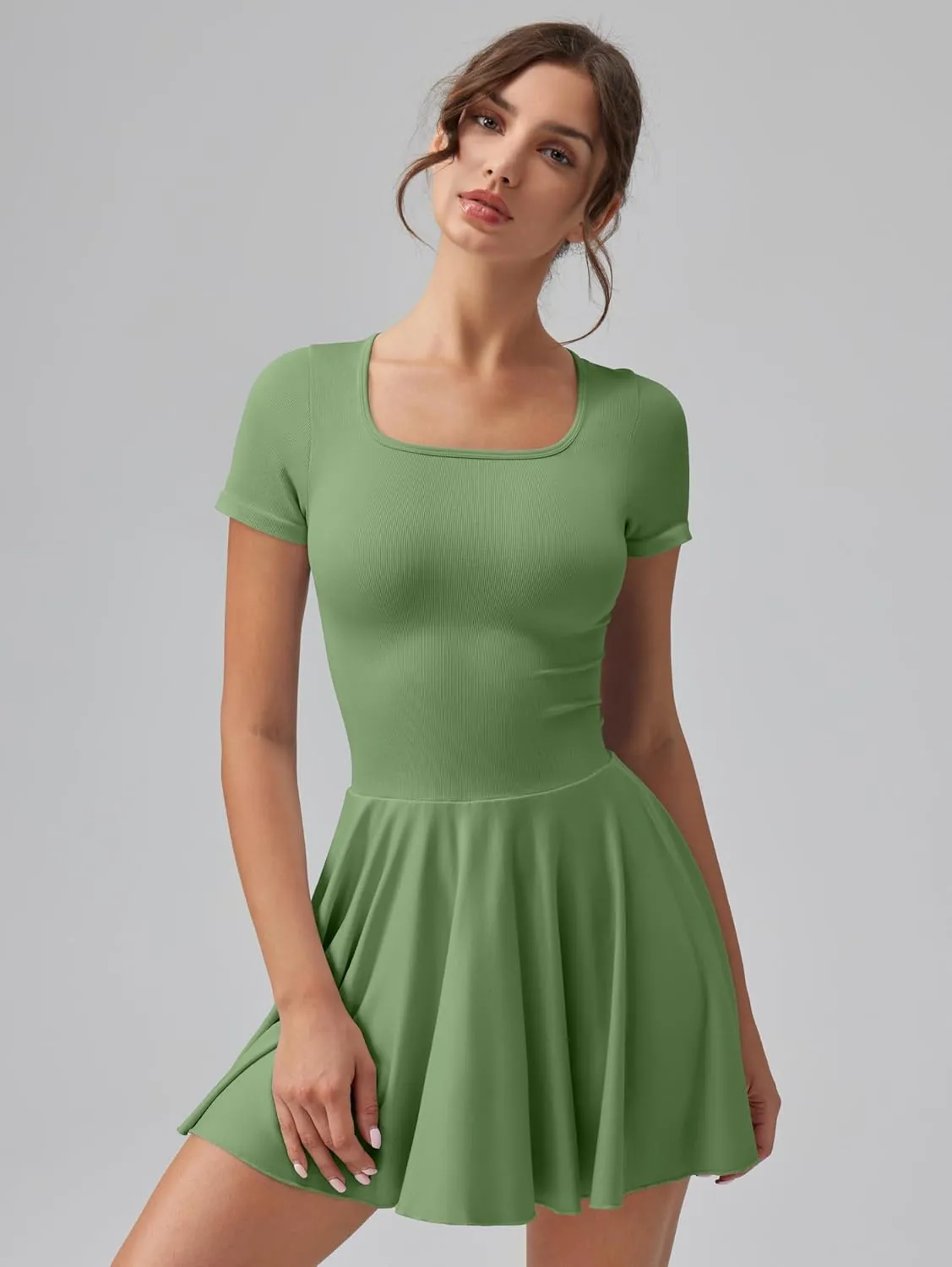 OQQ Women's Square Neck Ruffle Hem Mini Dress Summer Short Sleeve with Shorts Party Dresses