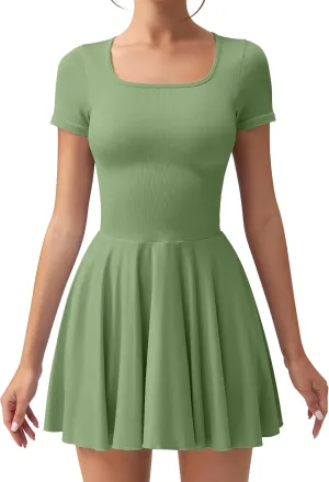 OQQ Women's Square Neck Ruffle Hem Mini Dress Summer Short Sleeve with Shorts Party Dresses