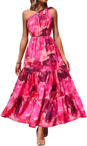 PRETTYGARDEN Women's Summer Floral One Shoulder Maxi Dress Knot Ruffle Boho Beach Vacation Wedding Guest Long Dresses