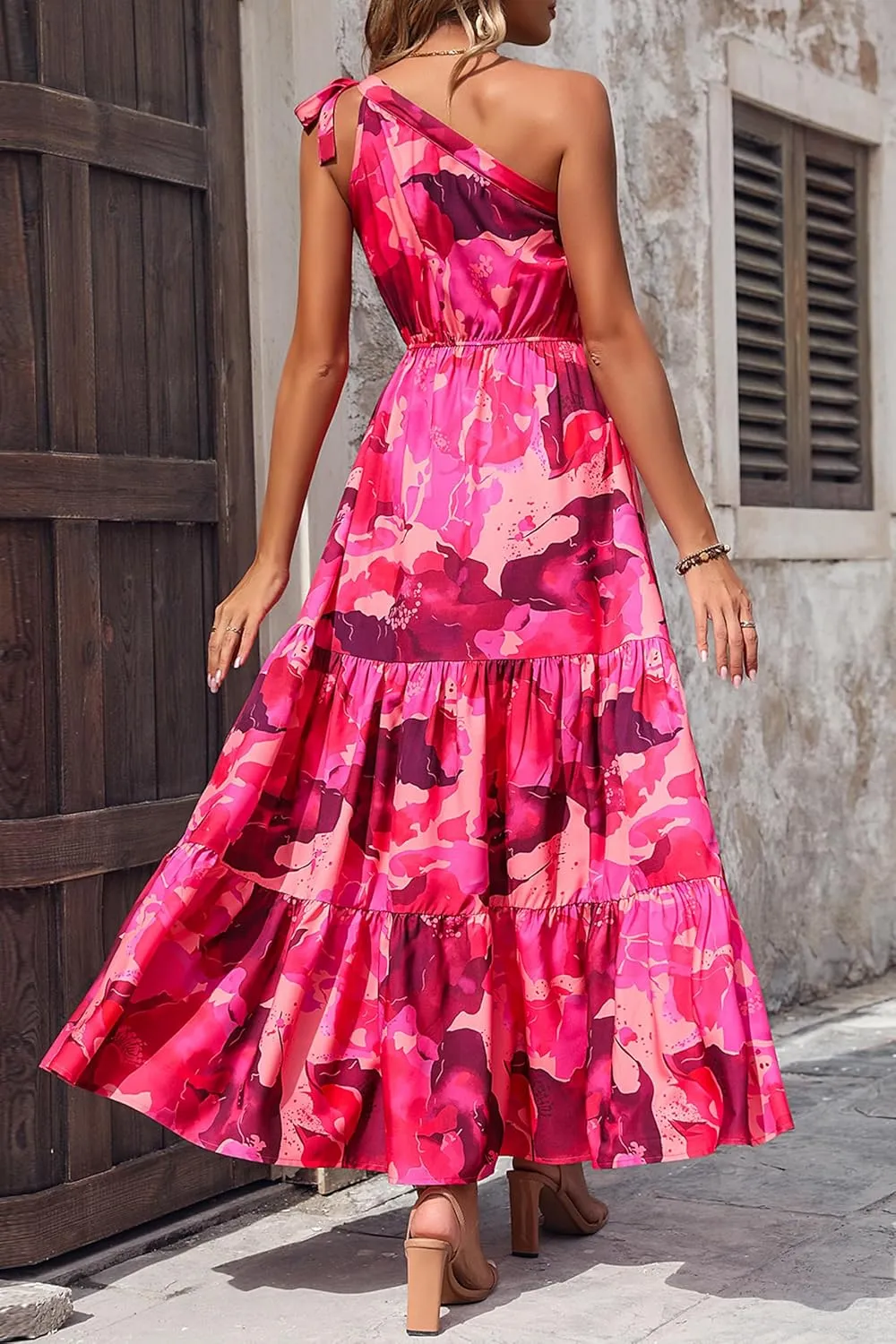 PRETTYGARDEN Women's Summer Floral One Shoulder Maxi Dress Knot Ruffle Boho Beach Vacation Wedding Guest Long Dresses