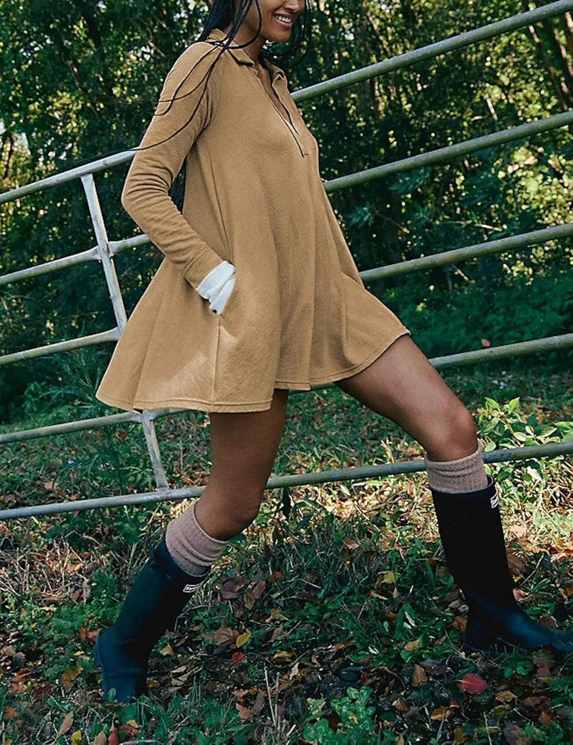 PUWEI Womens Long Sleeve Mini Dress Lapel Collared V Neck Sweatshirt Dress Casual Solid Color with Pockets