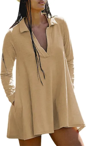 PUWEI Womens Long Sleeve Mini Dress Lapel Collared V Neck Sweatshirt Dress Casual Solid Color with Pockets