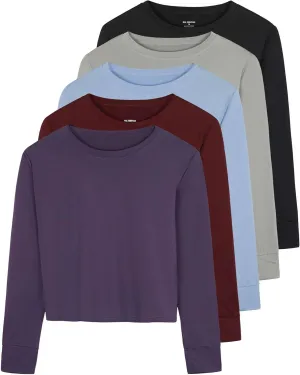 Real Essentials 5 Pack: Women's Dry Fit Crop Top - Long Sleeve Crew Neck Stretch Athletic Tee (Available in Plus Size)