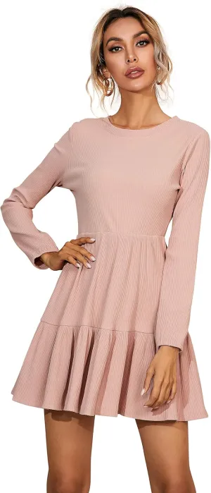 R.Vivimos Women's Fall Winter Cotton Long Sleeves Ruffle Casual Knit Sweater Swing Flare Mini Dress