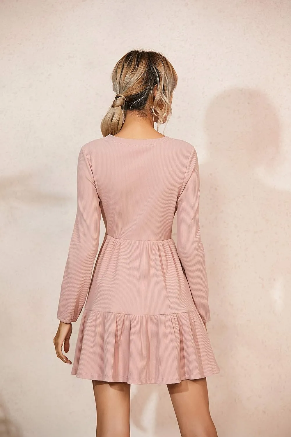 R.Vivimos Women's Fall Winter Cotton Long Sleeves Ruffle Casual Knit Sweater Swing Flare Mini Dress