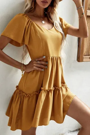 Solid Color V-neck Short Sleeve Mini Dress